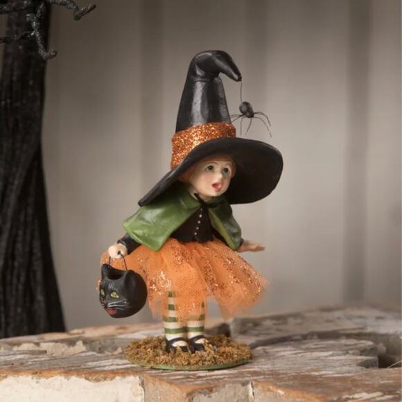 Bethany Lowe Little Lavinia Witch Spider & Black Cat Bucket Halloween Figure New - Picture 1 of 6